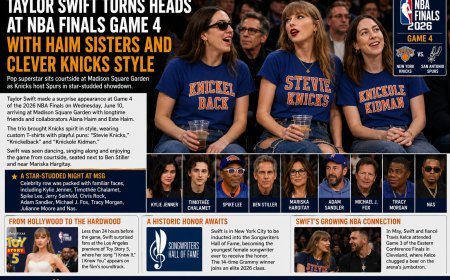 Taylor Swift Turns Heads at NBA Finals Game 4 With Haim Sisters and Clever Knicks-Inspired Fashion